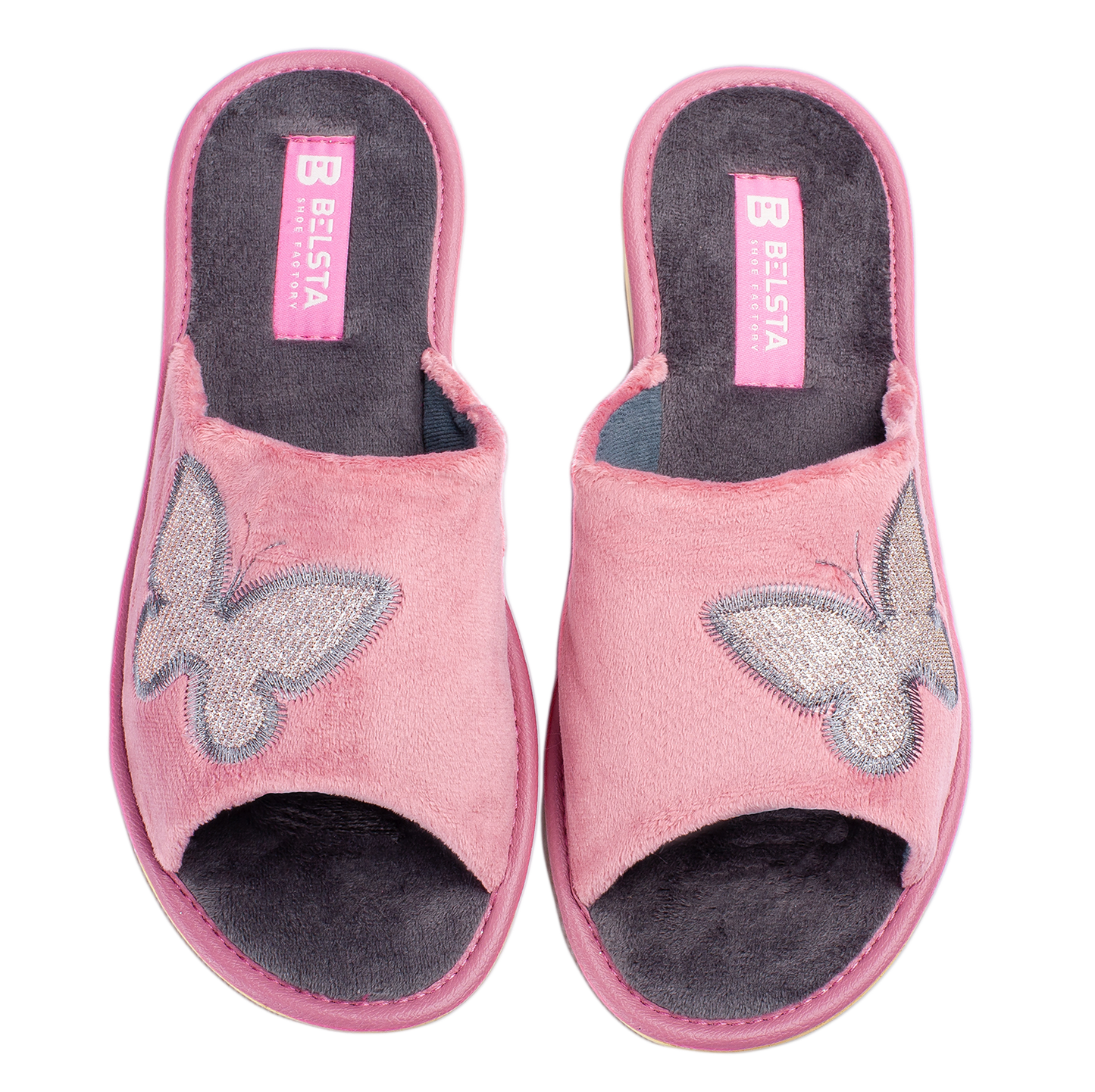 Дамски отворени чехли BELSTA от велур с бродерия на пеперуда/Women’s Open Slippers BELSTA from Velour with Butterfly Embroidery