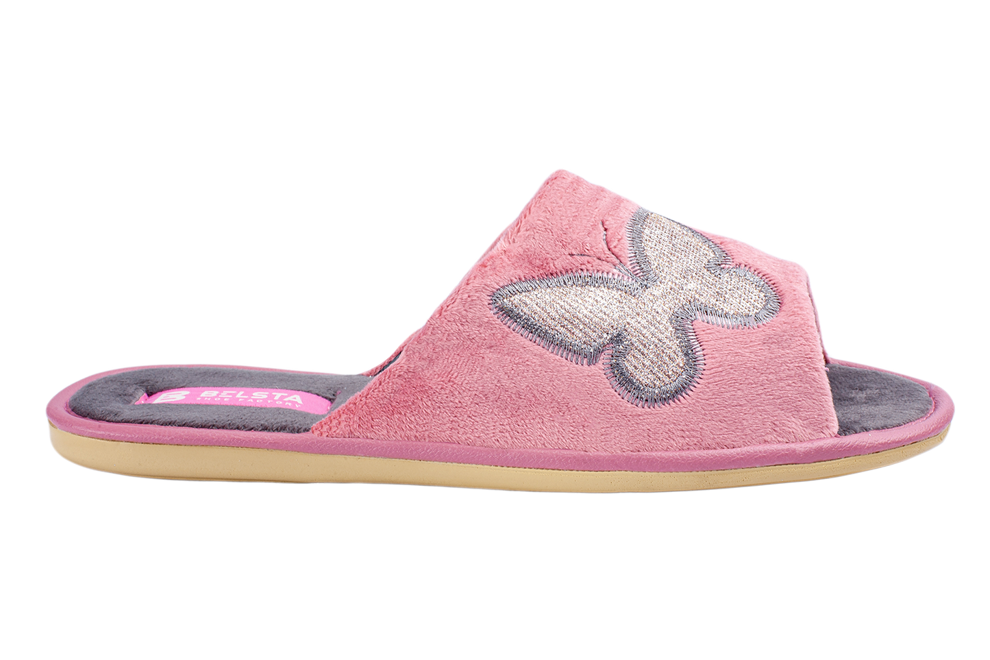 Дамски отворени чехли BELSTA от велур с бродерия на пеперуда/Women’s Open Slippers BELSTA from Velour with Butterfly Embroidery