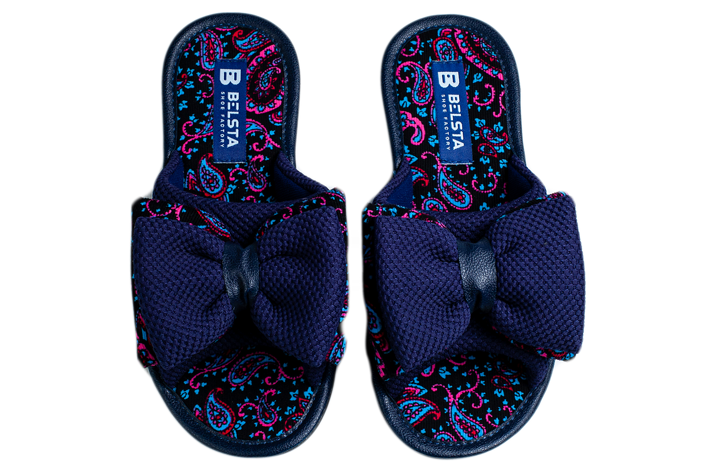Дамски отворени пантофи BELSTA от текстил с принт, украсени с обемен панделка/Women's Open Slippers BELSTA from Printed Textile, Decorated with a Large Bow