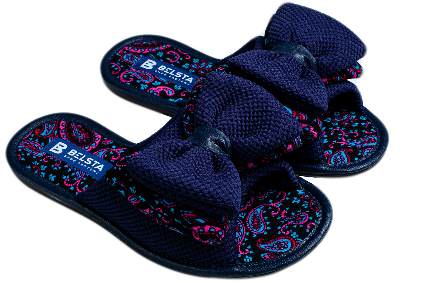 Дамски отворени пантофи BELSTA от текстил с принт, украсени с обемен панделка/Women's Open Slippers BELSTA from Printed Textile, Decorated with a Large Bow