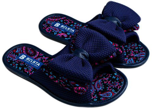 Дамски отворени пантофи BELSTA от текстил с принт, украсени с обемен панделка/Women's Open Slippers BELSTA from Printed Textile, Decorated with a Large Bow