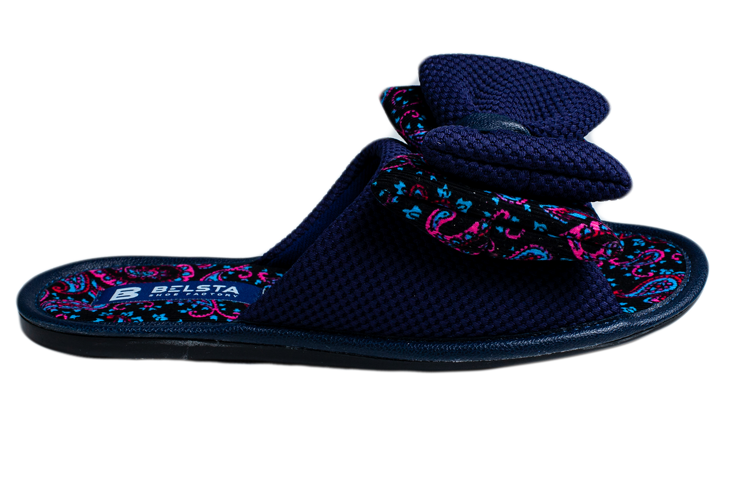 Дамски отворени пантофи BELSTA от текстил с принт, украсени с обемен панделка/Women's Open Slippers BELSTA from Printed Textile, Decorated with a Large Bow