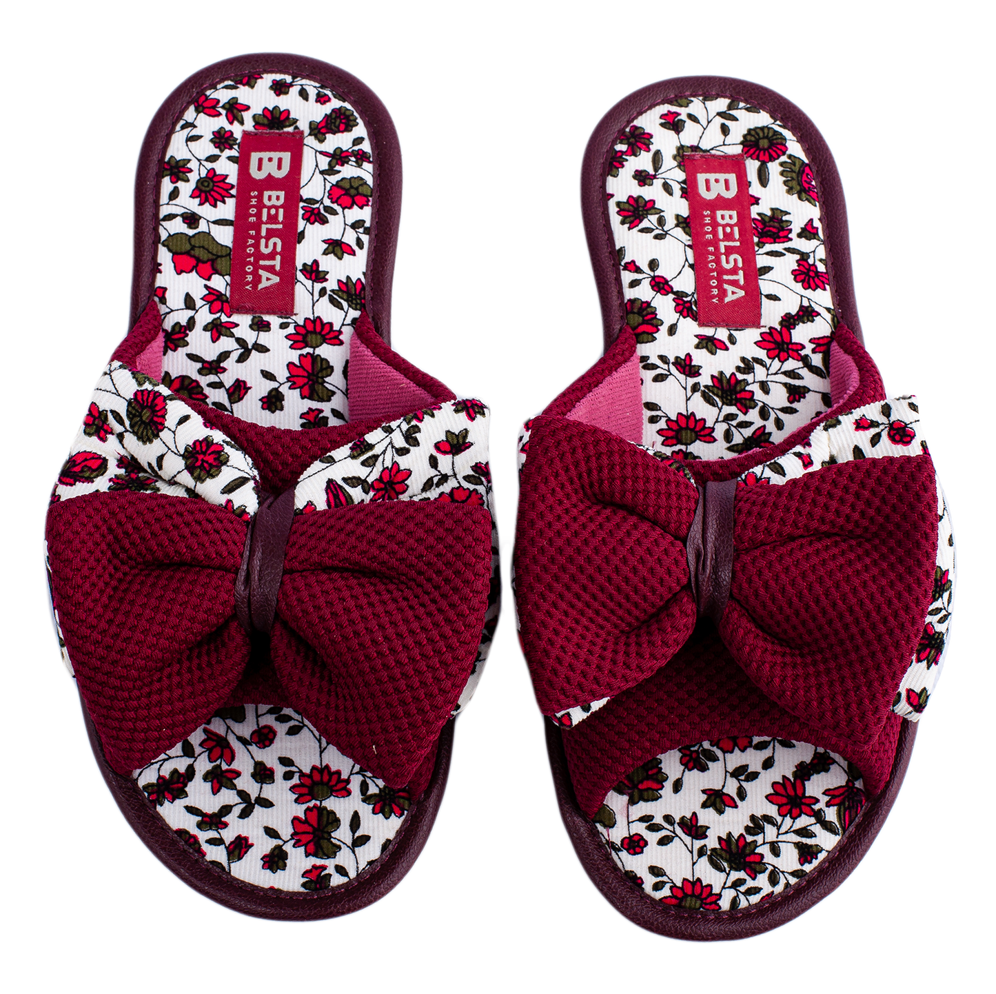 Дамски отворени пантофи BELSTA от текстил с принт, украсени с обемен панделка/Women's Open Slippers BELSTA from Printed Textile, Decorated with a Large Bow