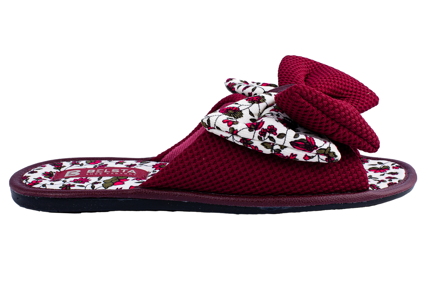 Дамски отворени пантофи BELSTA от текстил с принт, украсени с обемен панделка/Women's Open Slippers BELSTA from Printed Textile, Decorated with a Large Bow