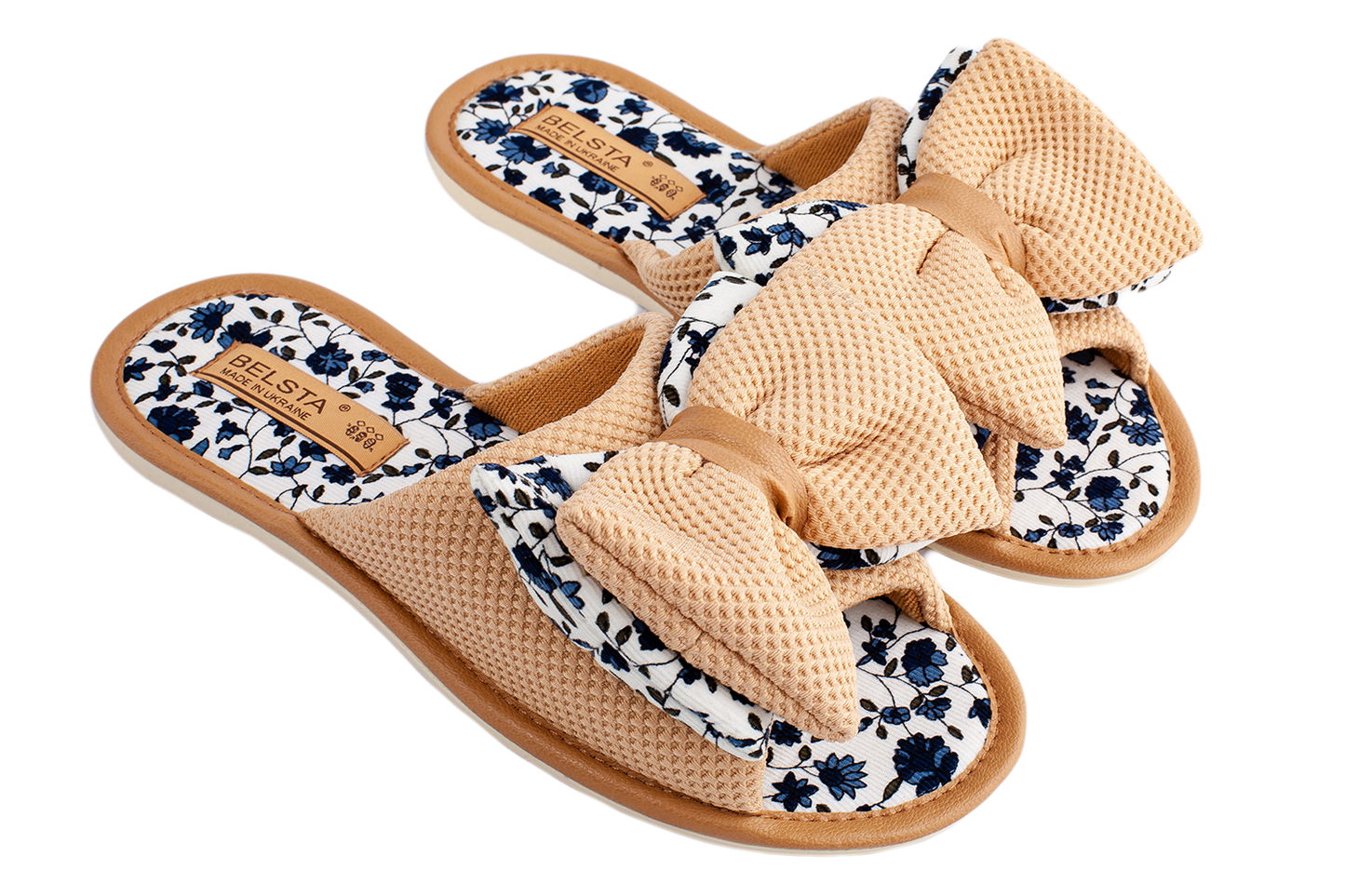 Дамски отворени пантофи BELSTA от текстил с принт, украсени с обемен панделка/Women's Open Slippers BELSTA from Printed Textile, Decorated with a Large Bow