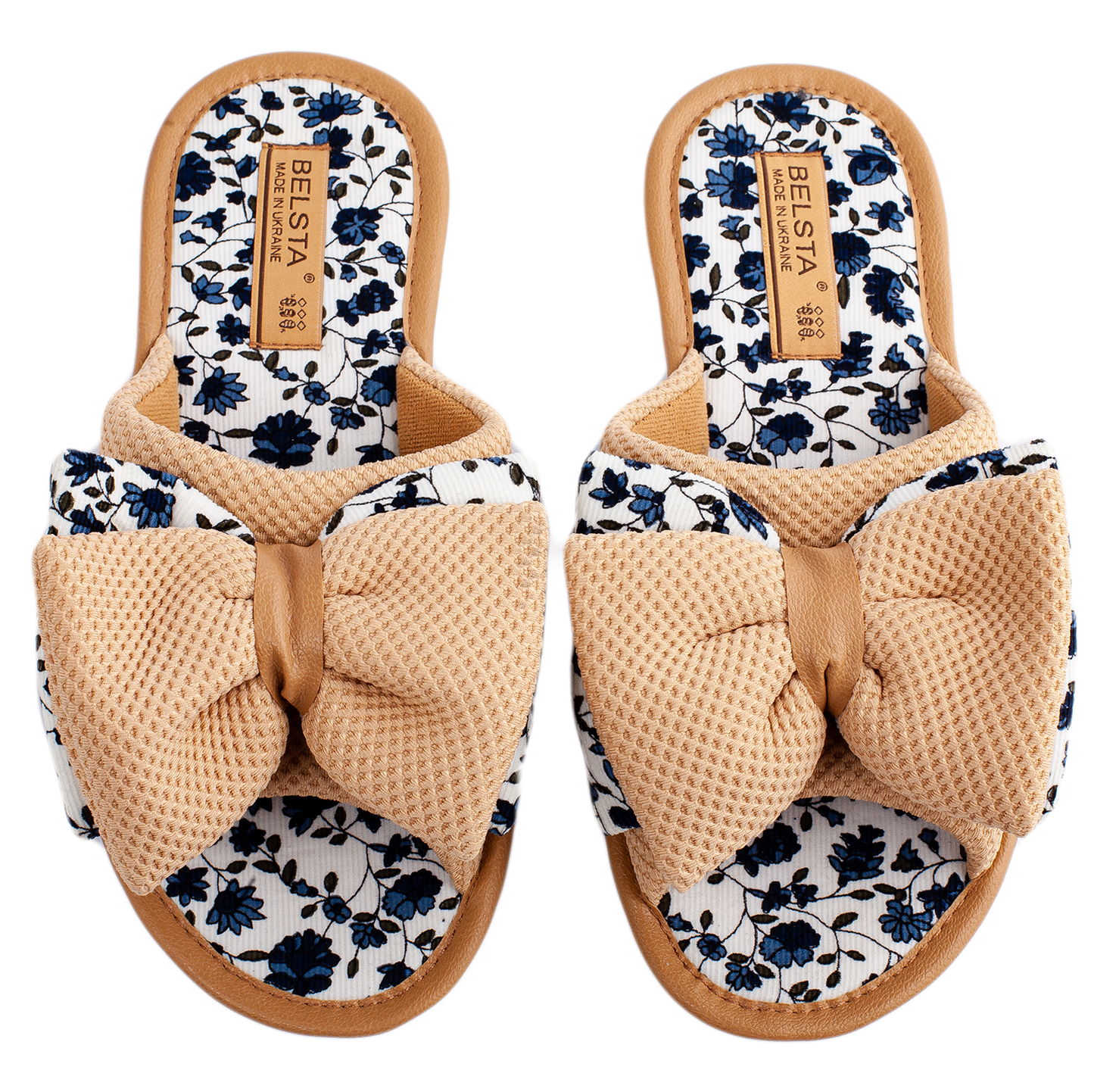 Дамски отворени пантофи BELSTA от текстил с принт, украсени с обемен панделка/Women's Open Slippers BELSTA from Printed Textile, Decorated with a Large Bow