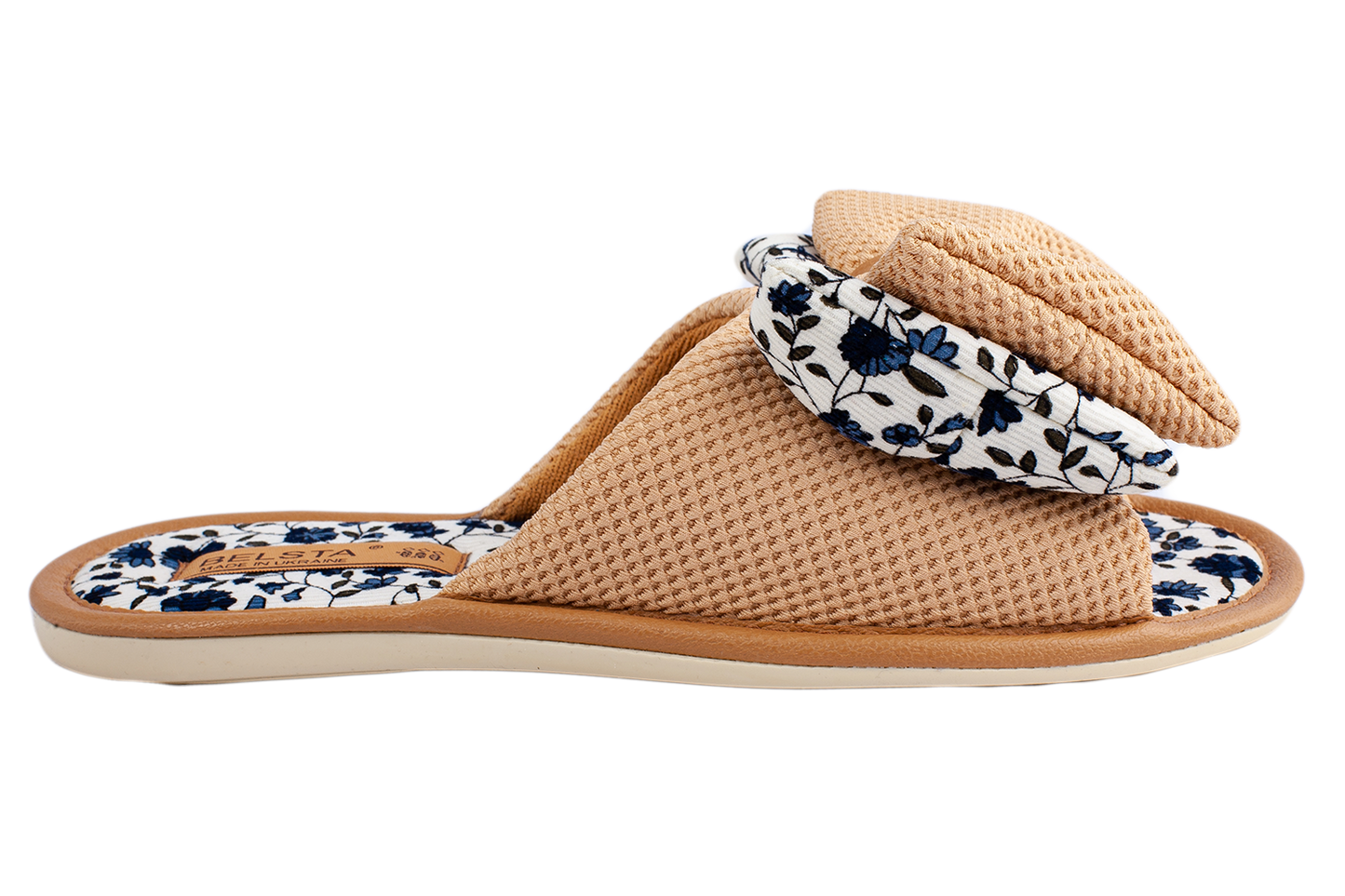 Дамски отворени пантофи BELSTA от текстил с принт, украсени с обемен панделка/Women's Open Slippers BELSTA from Printed Textile, Decorated with a Large Bow