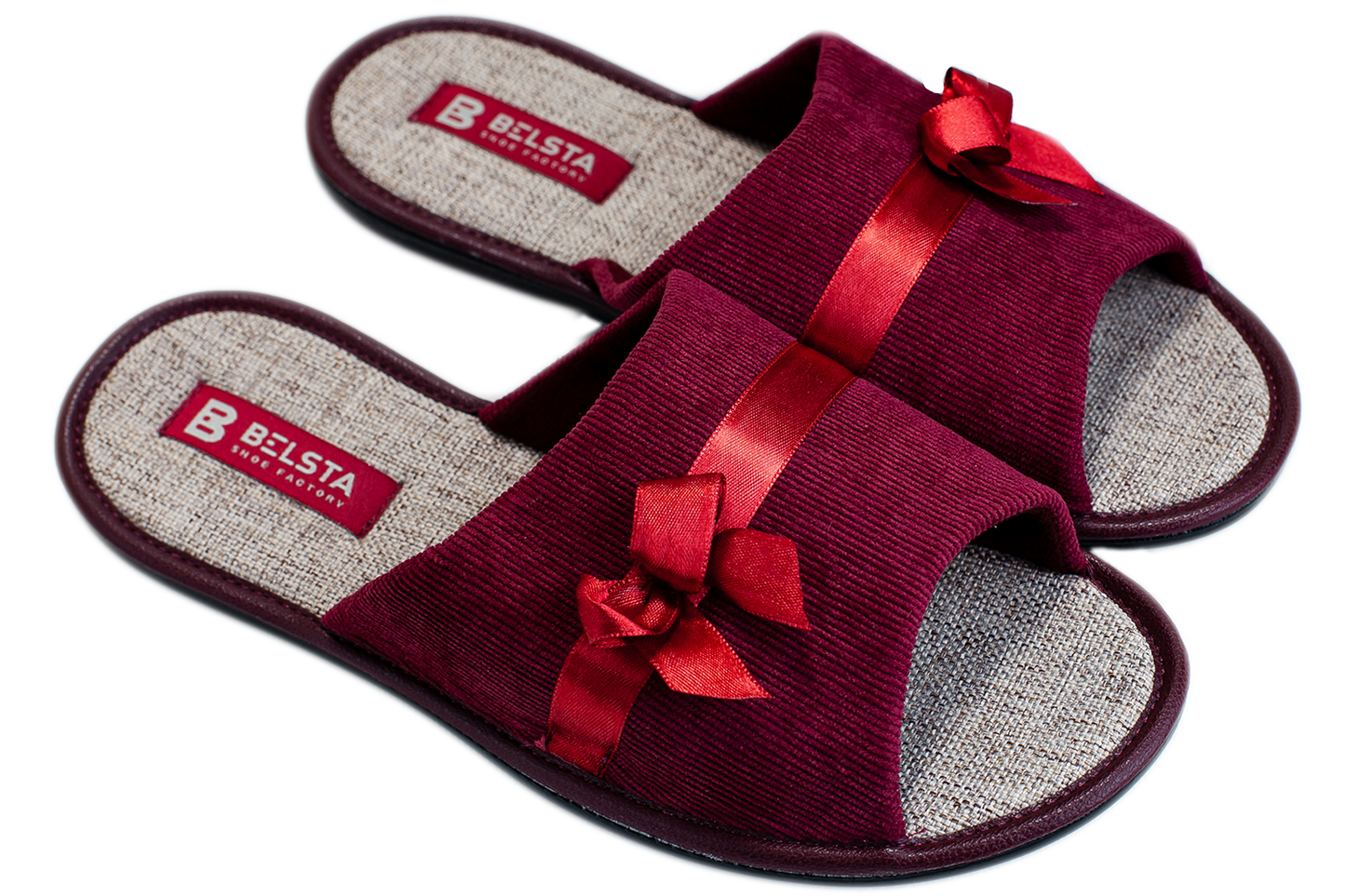 Дамски отворени пантофи BELSTA от велвет с сатенена панделка/Women's Open Slippers BELSTA from Corduroy with Satin Bow