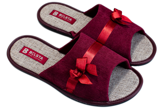 Дамски отворени пантофи BELSTA от велвет с сатенена панделка/Women's Open Slippers BELSTA from Corduroy with Satin Bow