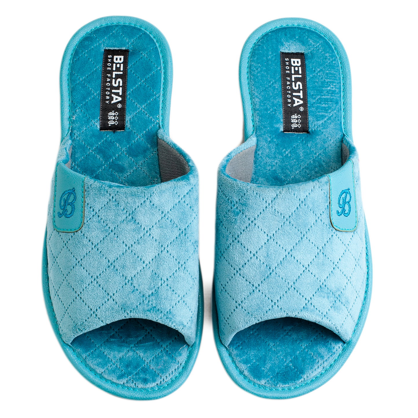 Дамски отворени пантофи BELSTA от капитониран велур с еко кожа и бродерия/Women's Open Slippers BELSTA from Quilted Velour with Eco Leather Insert and Embroidery