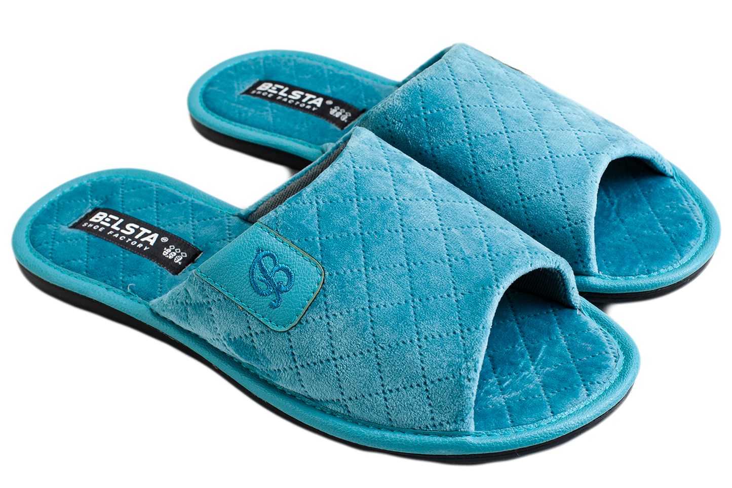 Дамски отворени пантофи BELSTA от капитониран велур с еко кожа и бродерия/Women's Open Slippers BELSTA from Quilted Velour with Eco Leather Insert and Embroidery