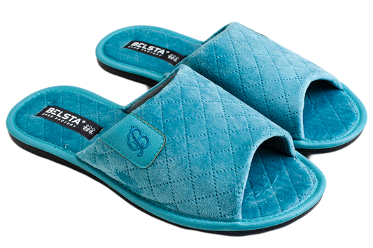 Дамски отворени пантофи BELSTA от капитониран велур с еко кожа и бродерия/Women's Open Slippers BELSTA from Quilted Velour with Eco Leather Insert and Embroidery
