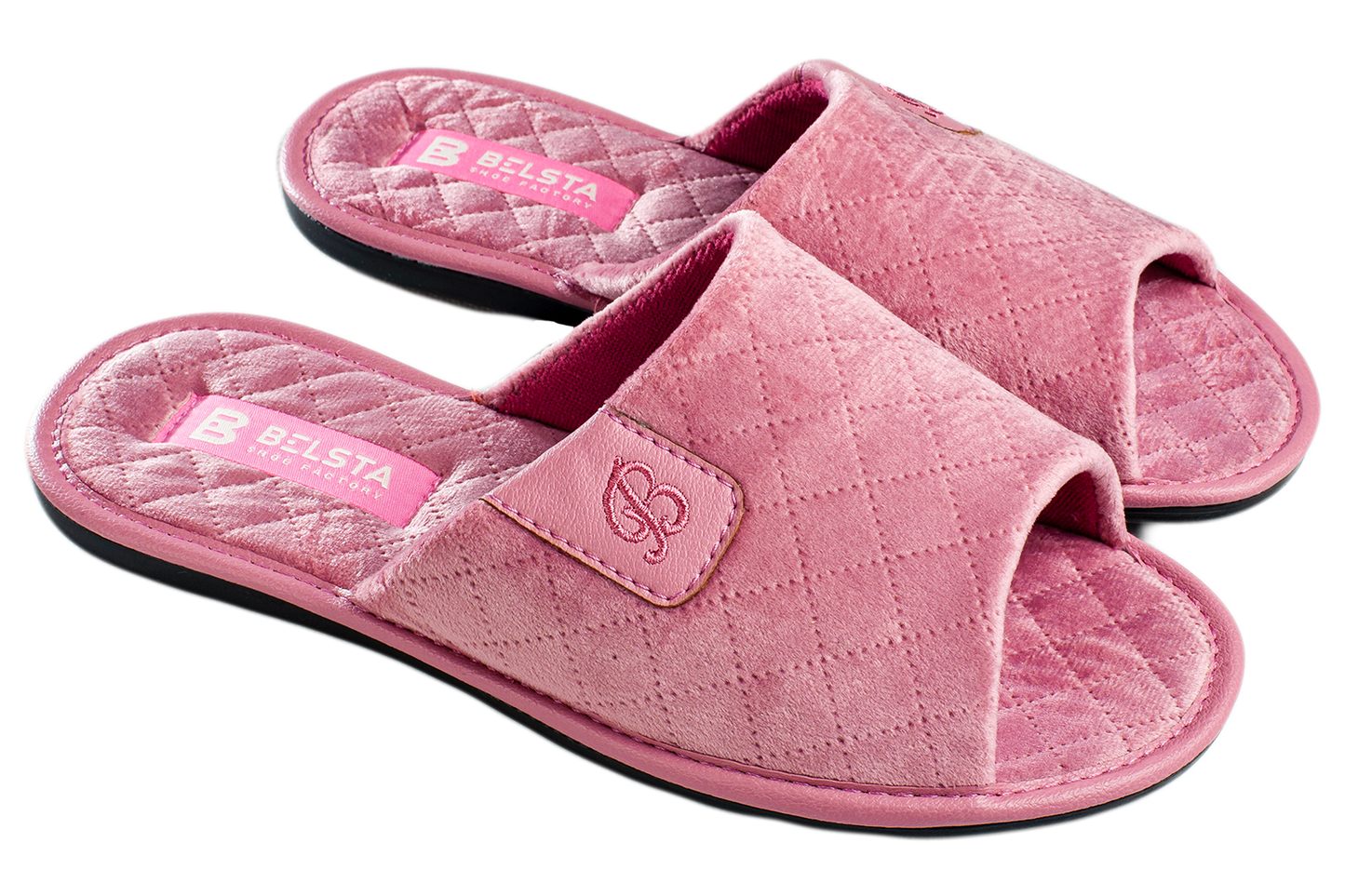 Дамски отворени пантофи BELSTA от капитониран велур с еко кожа и бродерия/Women's Open Slippers BELSTA from Quilted Velour with Eco Leather Insert and Embroidery
