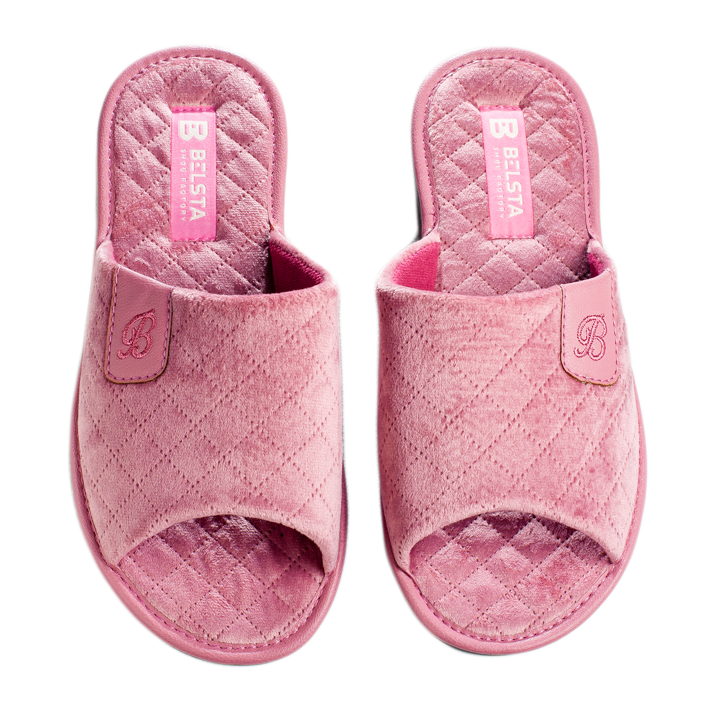 Дамски отворени пантофи BELSTA от капитониран велур с еко кожа и бродерия/Women's Open Slippers BELSTA from Quilted Velour with Eco Leather Insert and Embroidery