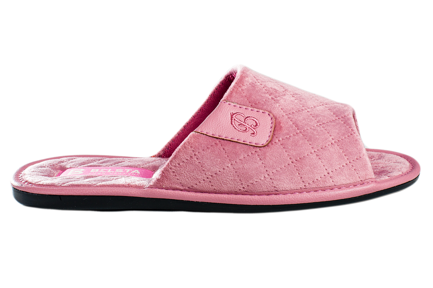 Дамски отворени пантофи BELSTA от капитониран велур с еко кожа и бродерия/Women's Open Slippers BELSTA from Quilted Velour with Eco Leather Insert and Embroidery