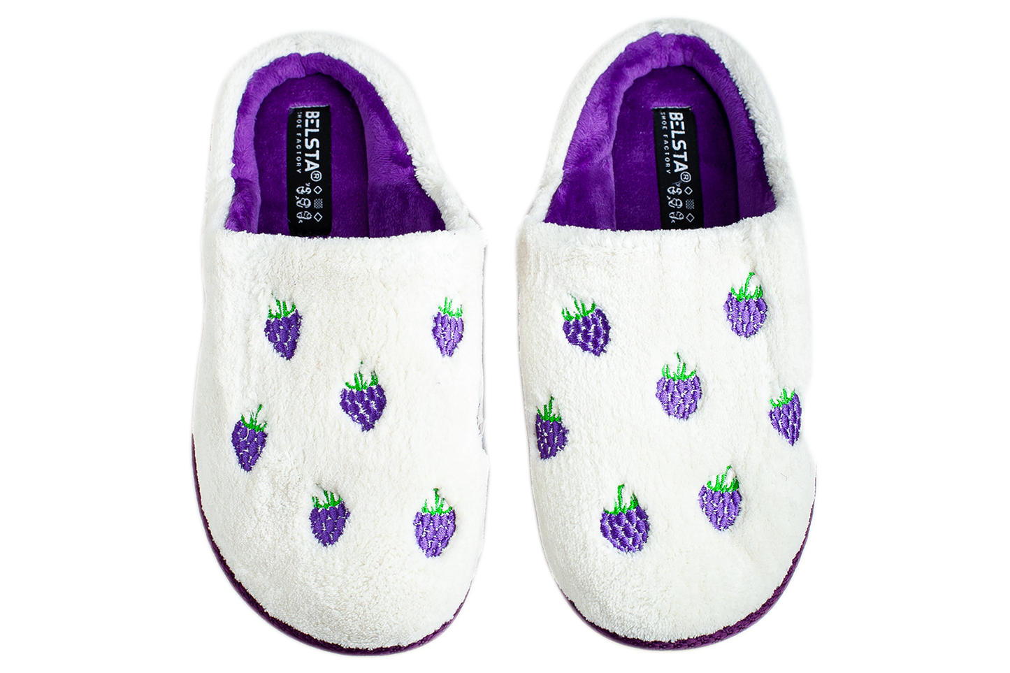 Дамски затворени чехли BELSTA от бяла махра с бродерия “плодове”/Women’s Closed BELSTA Slippers in White Terry with “Berry” Embroidery