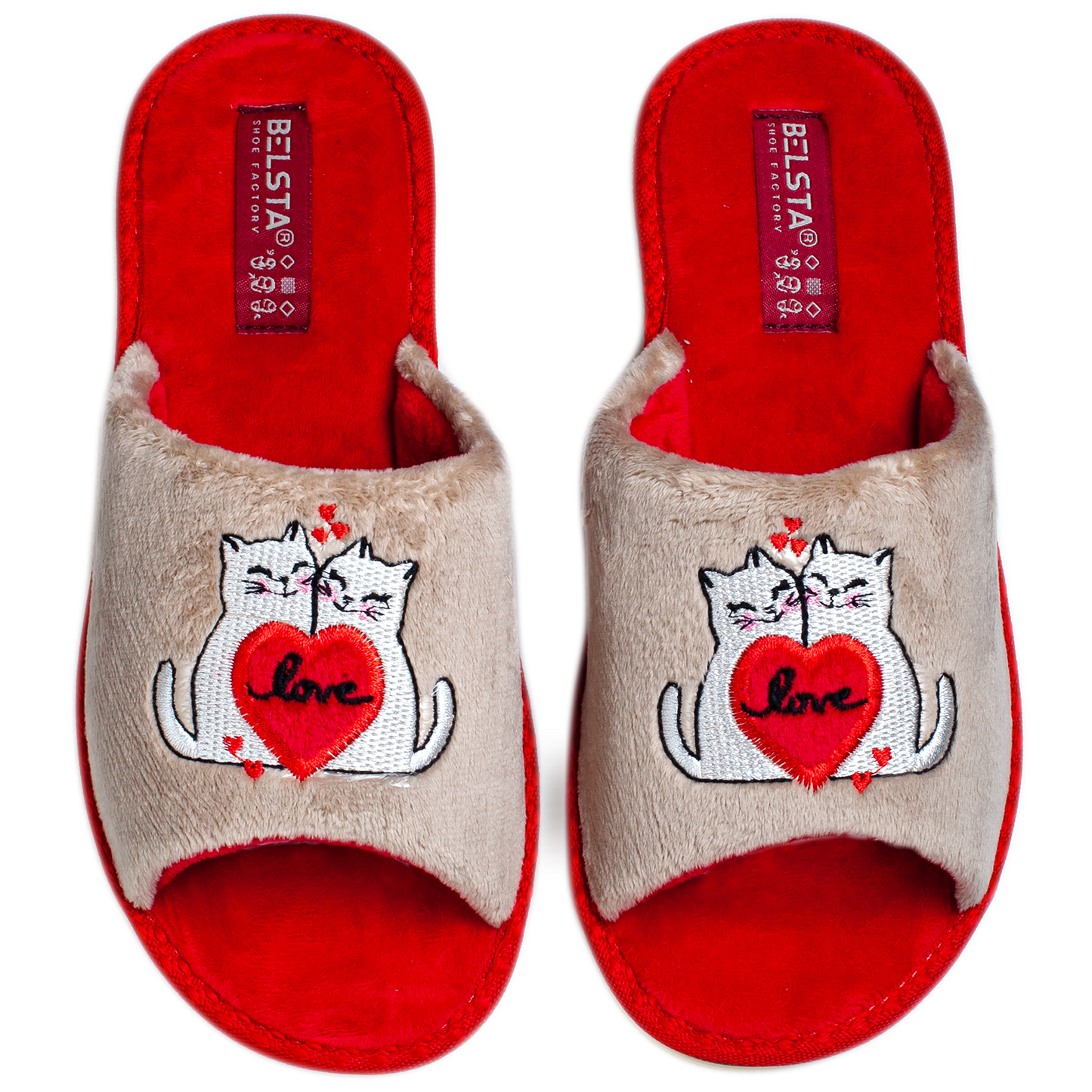 Дамски отворени чехли BELSTA от велур с бродерия “влюбени котета”/ Women’s Open BELSTA Slippers in Velvet with “Love Cats” Embroidery