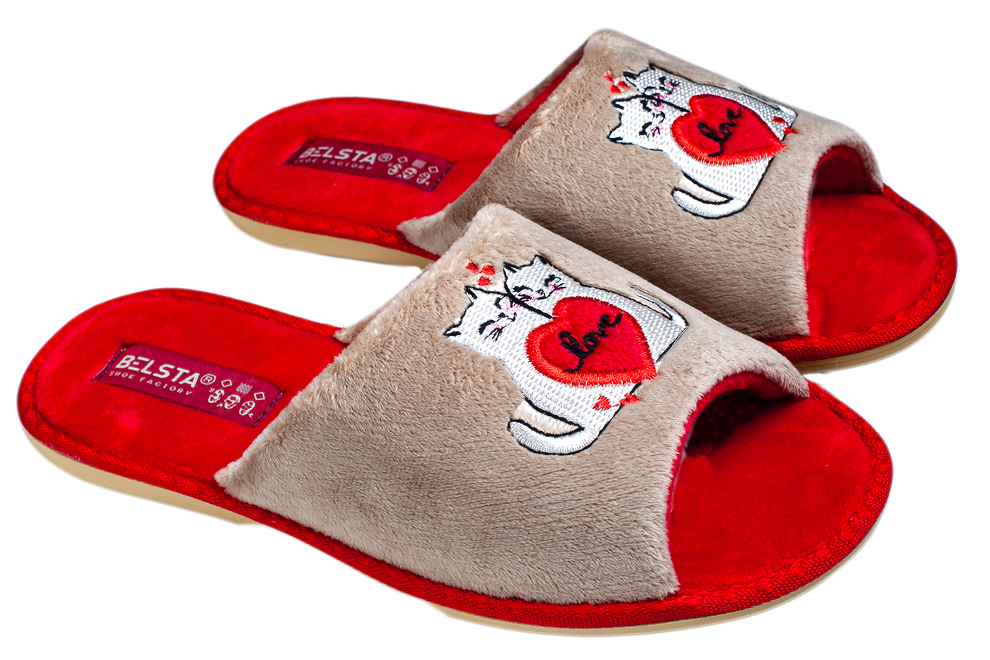 Дамски отворени чехли BELSTA от велур с бродерия “влюбени котета”/ Women’s Open BELSTA Slippers in Velvet with “Love Cats” Embroidery
