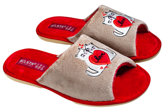 Дамски отворени чехли BELSTA от велур с бродерия “влюбени котета”/ Women’s Open BELSTA Slippers in Velvet with “Love Cats” Embroidery