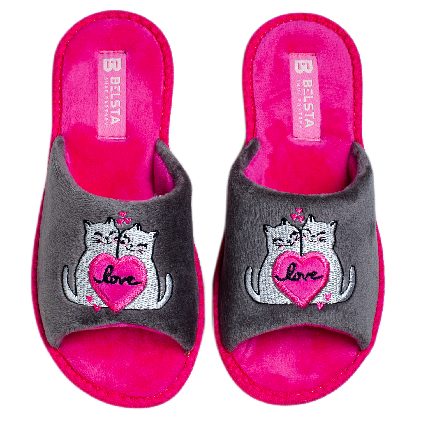 Дамски отворени чехли BELSTA от велур с бродерия “влюбени котета”/ Women’s Open BELSTA Slippers in Velvet with “Love Cats” Embroidery