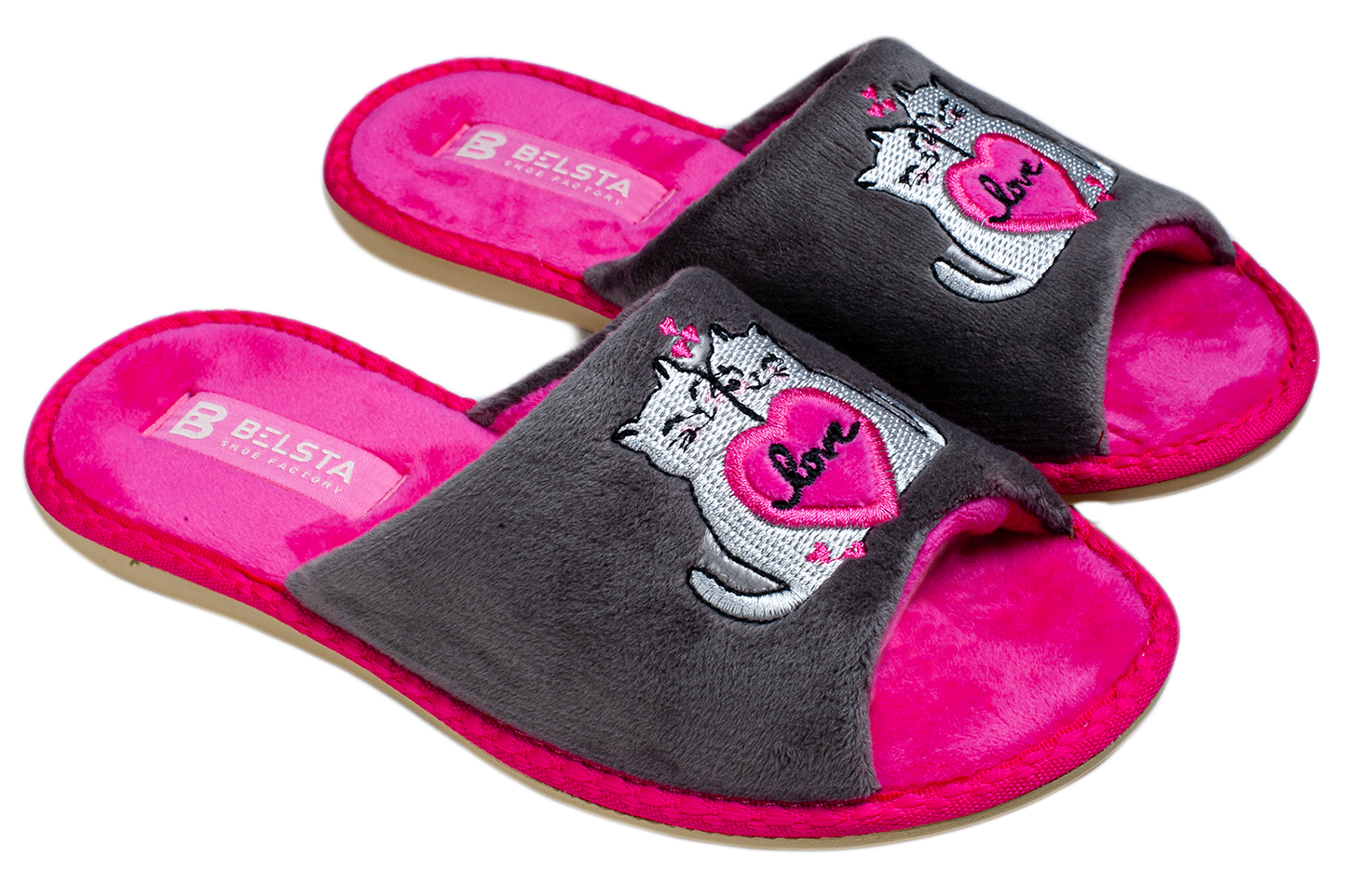 Дамски отворени чехли BELSTA от велур с бродерия “влюбени котета”/ Women’s Open BELSTA Slippers in Velvet with “Love Cats” Embroidery