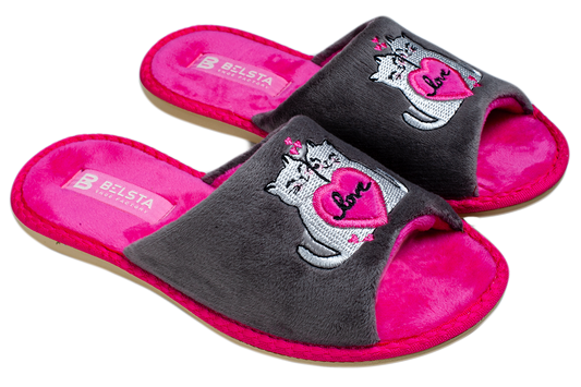 Дамски отворени чехли BELSTA от велур с бродерия “влюбени котета”/ Women’s Open BELSTA Slippers in Velvet with “Love Cats” Embroidery
