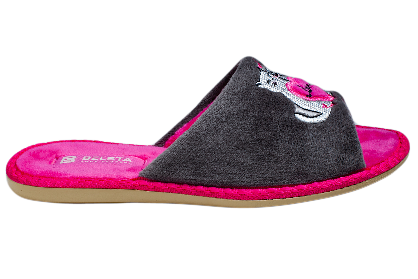 Дамски отворени чехли BELSTA от велур с бродерия “влюбени котета”/ Women’s Open BELSTA Slippers in Velvet with “Love Cats” Embroidery