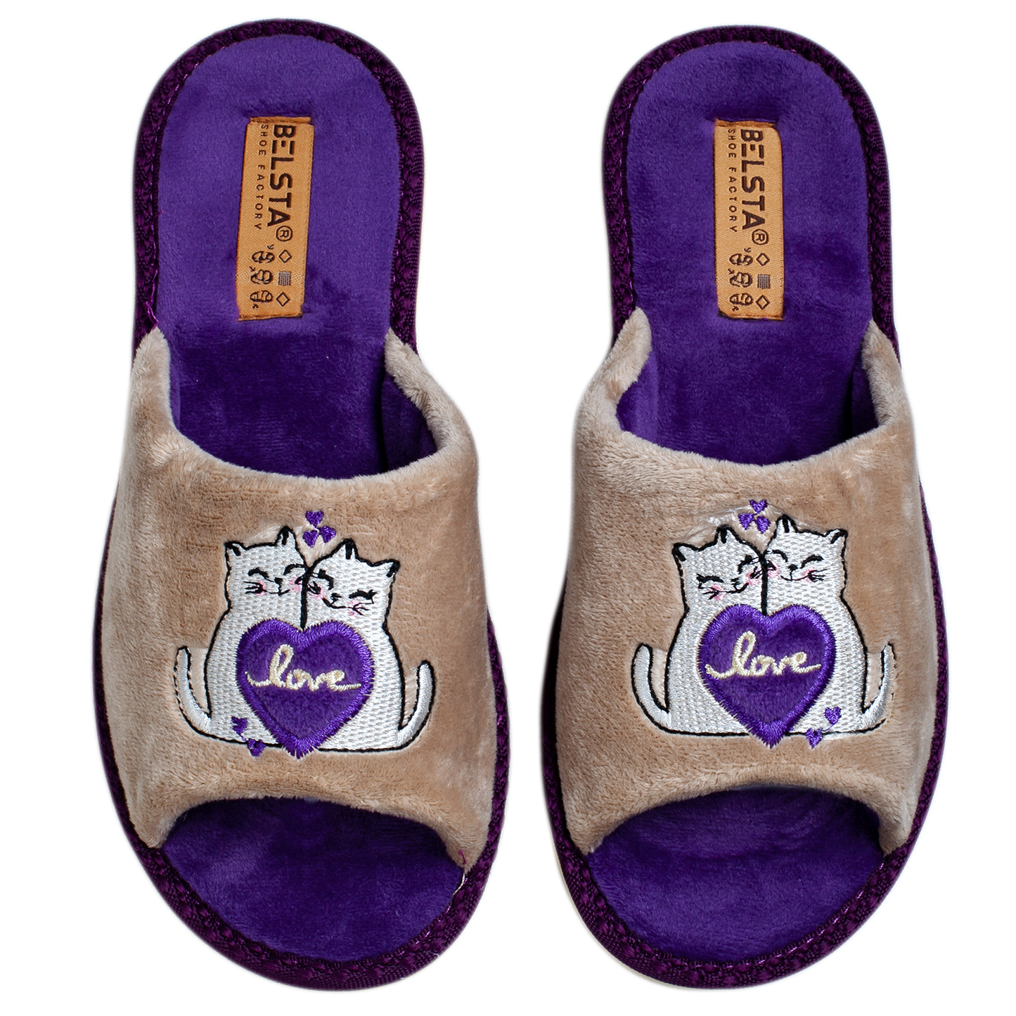 Дамски отворени чехли BELSTA от велур с бродерия “влюбени котета”/ Women’s Open BELSTA Slippers in Velvet with “Love Cats” Embroidery