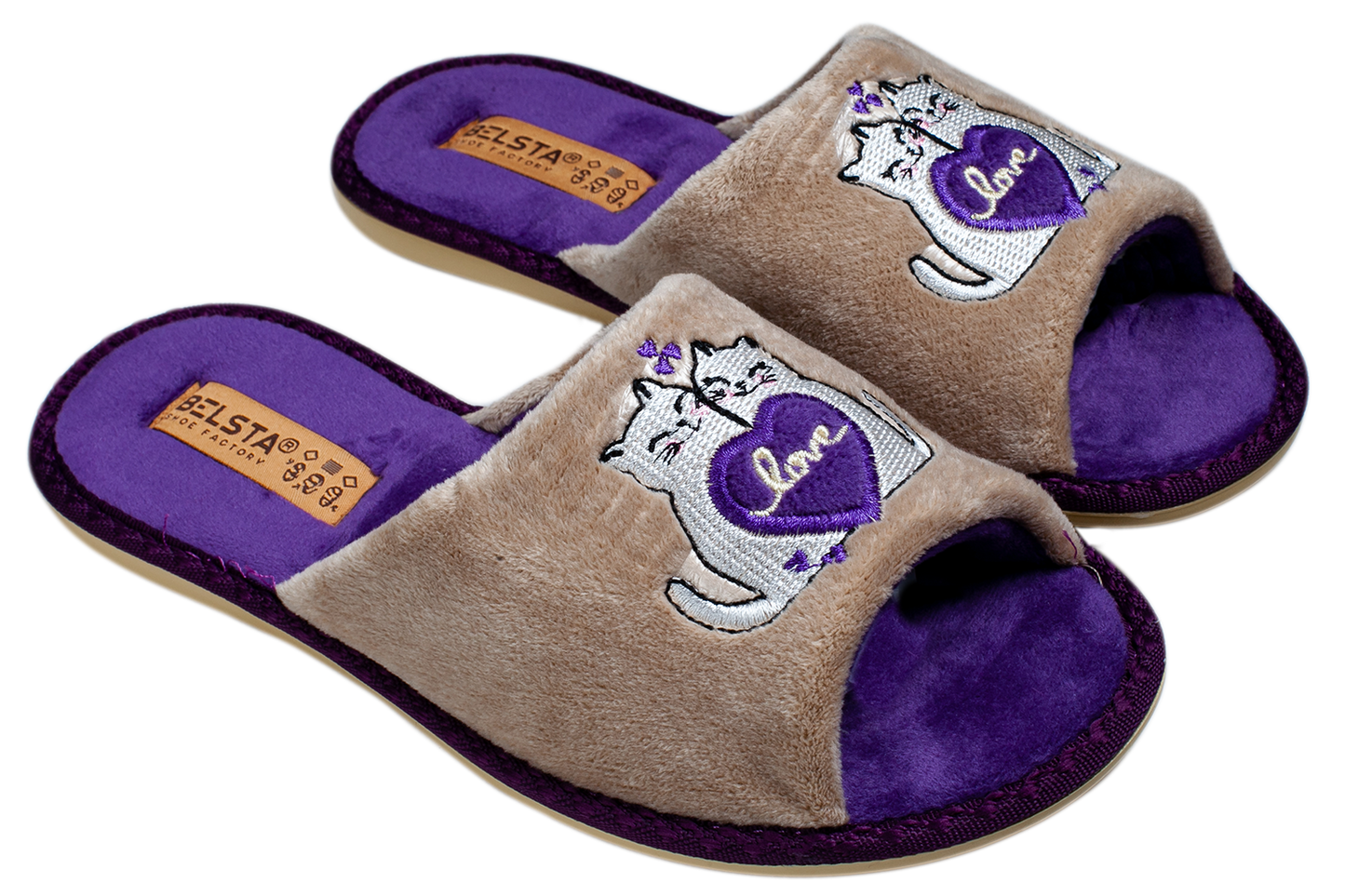 Дамски отворени чехли BELSTA от велур с бродерия “влюбени котета”/ Women’s Open BELSTA Slippers in Velvet with “Love Cats” Embroidery