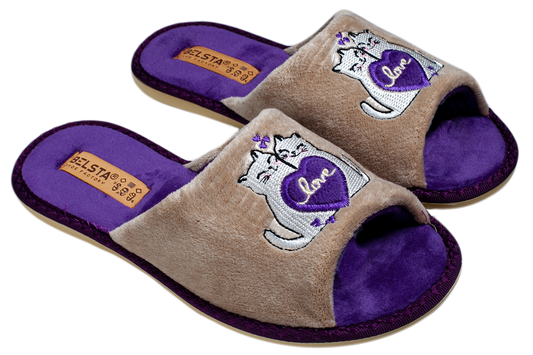 Дамски отворени чехли BELSTA от велур с бродерия “влюбени котета”/ Women’s Open BELSTA Slippers in Velvet with “Love Cats” Embroidery
