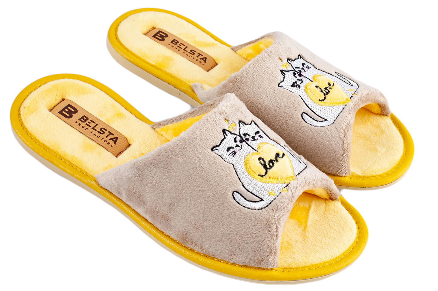 Дамски отворени чехли BELSTA от велур с бродерия “влюбени котета”/ Women’s Open BELSTA Slippers in Velvet with “Love Cats” Embroidery