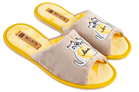 Дамски отворени чехли BELSTA от велур с бродерия “влюбени котета”/ Women’s Open BELSTA Slippers in Velvet with “Love Cats” Embroidery