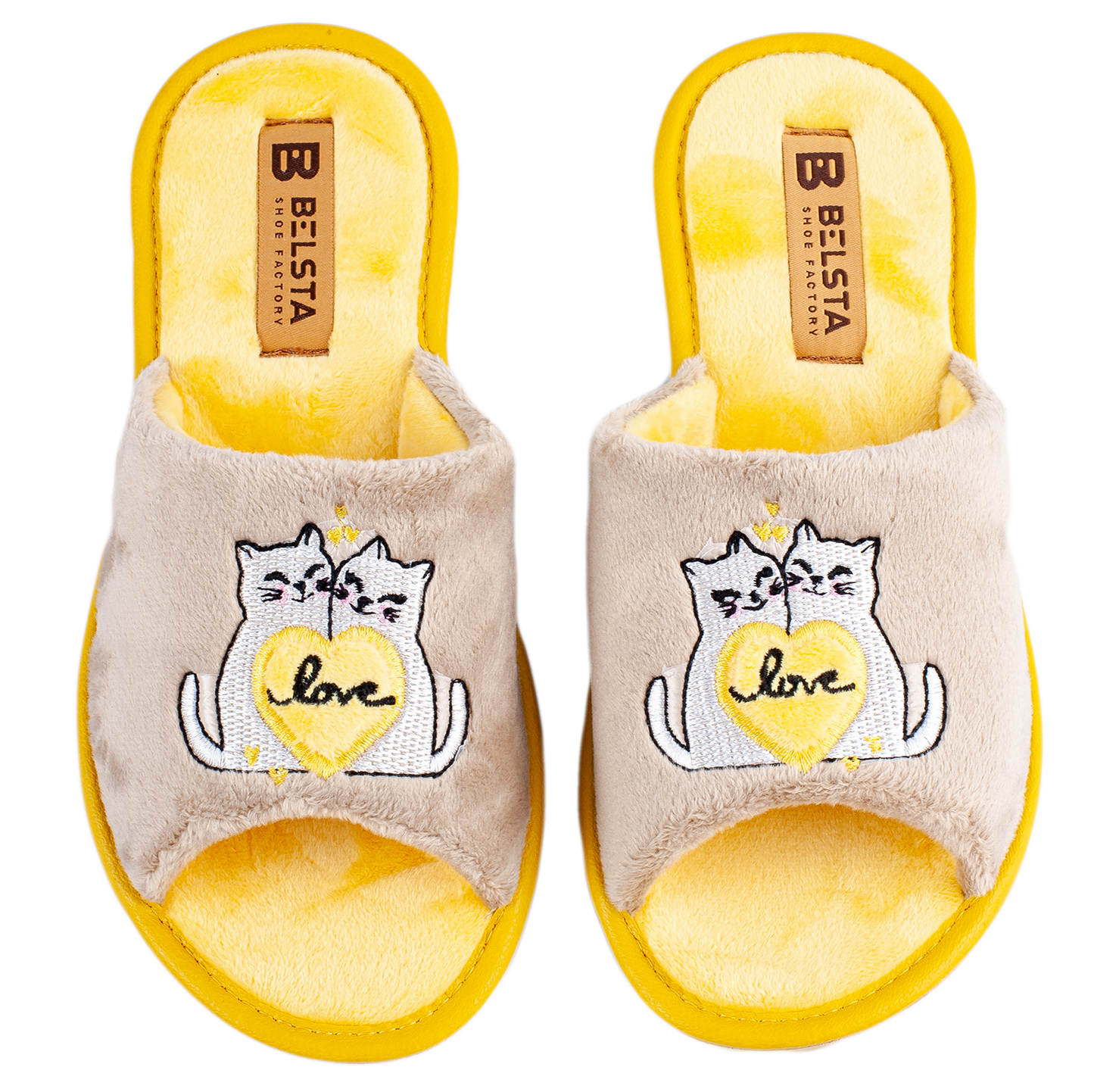 Дамски отворени чехли BELSTA от велур с бродерия “влюбени котета”/ Women’s Open BELSTA Slippers in Velvet with “Love Cats” Embroidery