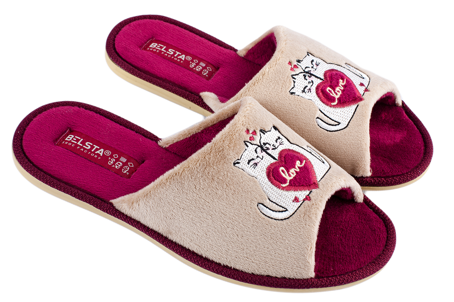 Дамски отворени чехли BELSTA от велур с бродерия “влюбени котета”/ Women’s Open BELSTA Slippers in Velvet with “Love Cats” Embroidery