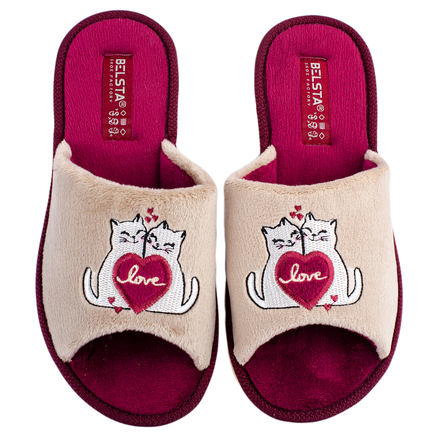 Дамски отворени чехли BELSTA от велур с бродерия “влюбени котета”/ Women’s Open BELSTA Slippers in Velvet with “Love Cats” Embroidery