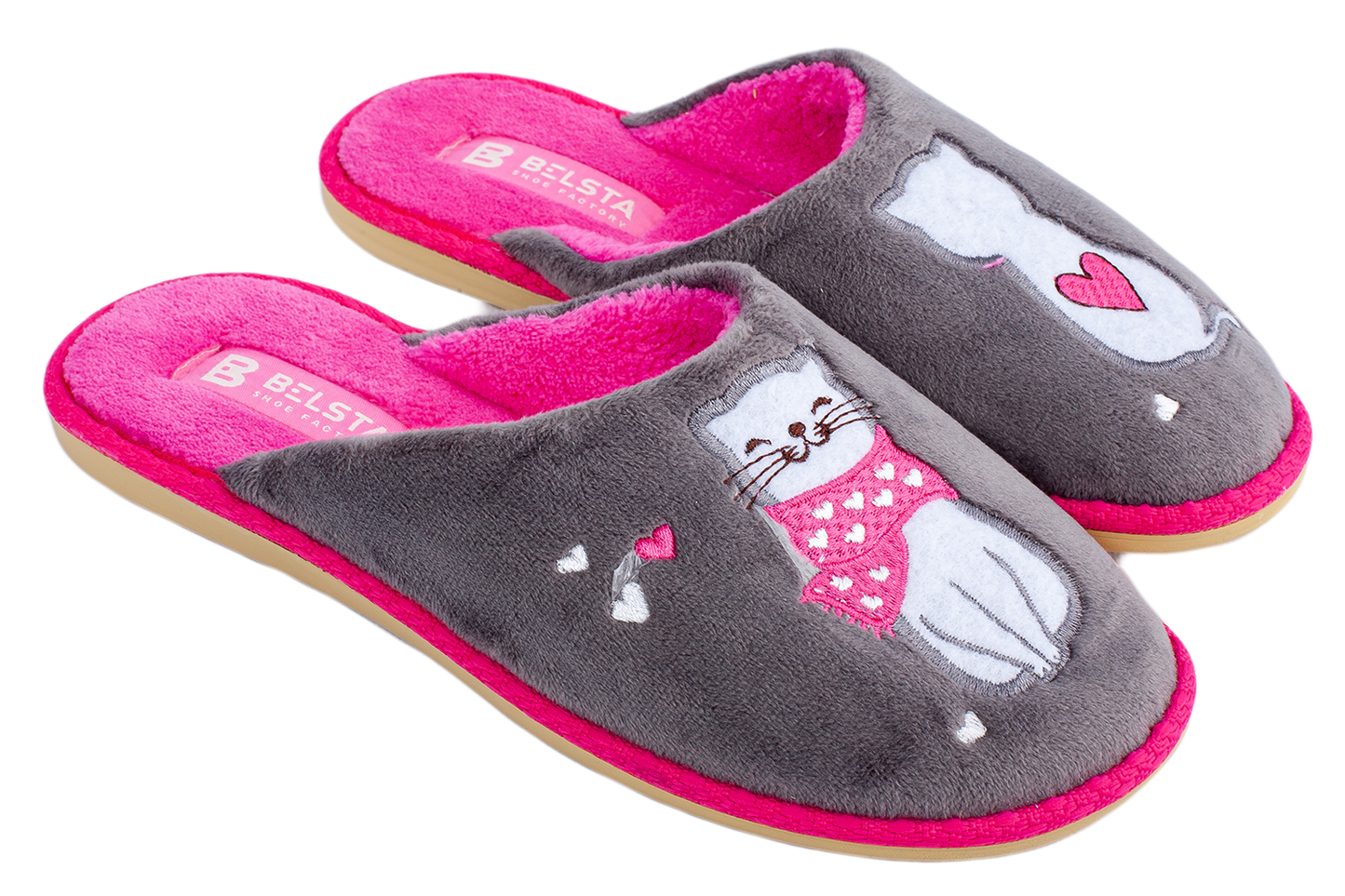 Дамски затворени чехли BELSTA от велур с бродерия “влюбено коте”/Women’s Closed BELSTA Slippers in Velvet with “Love Cat” Embroidery
