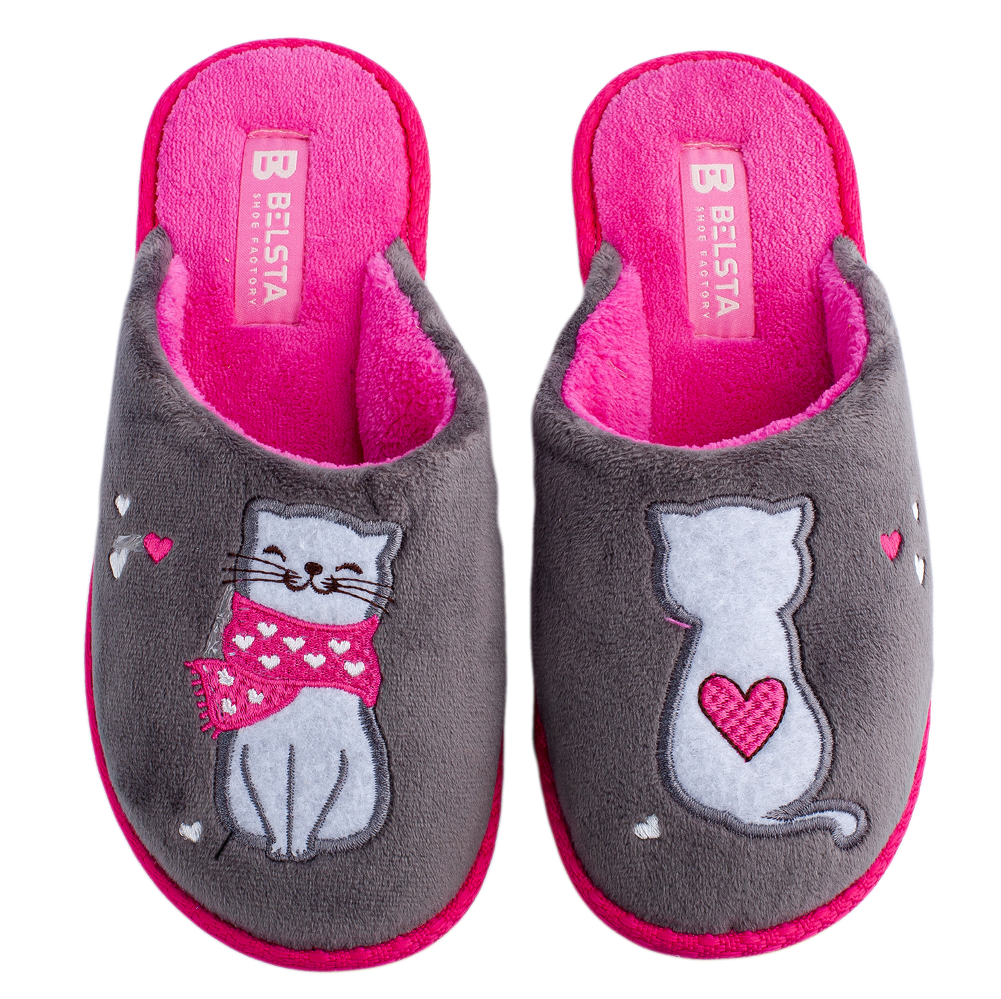 Дамски затворени чехли BELSTA от велур с бродерия “влюбено коте”/Women’s Closed BELSTA Slippers in Velvet with “Love Cat” Embroidery