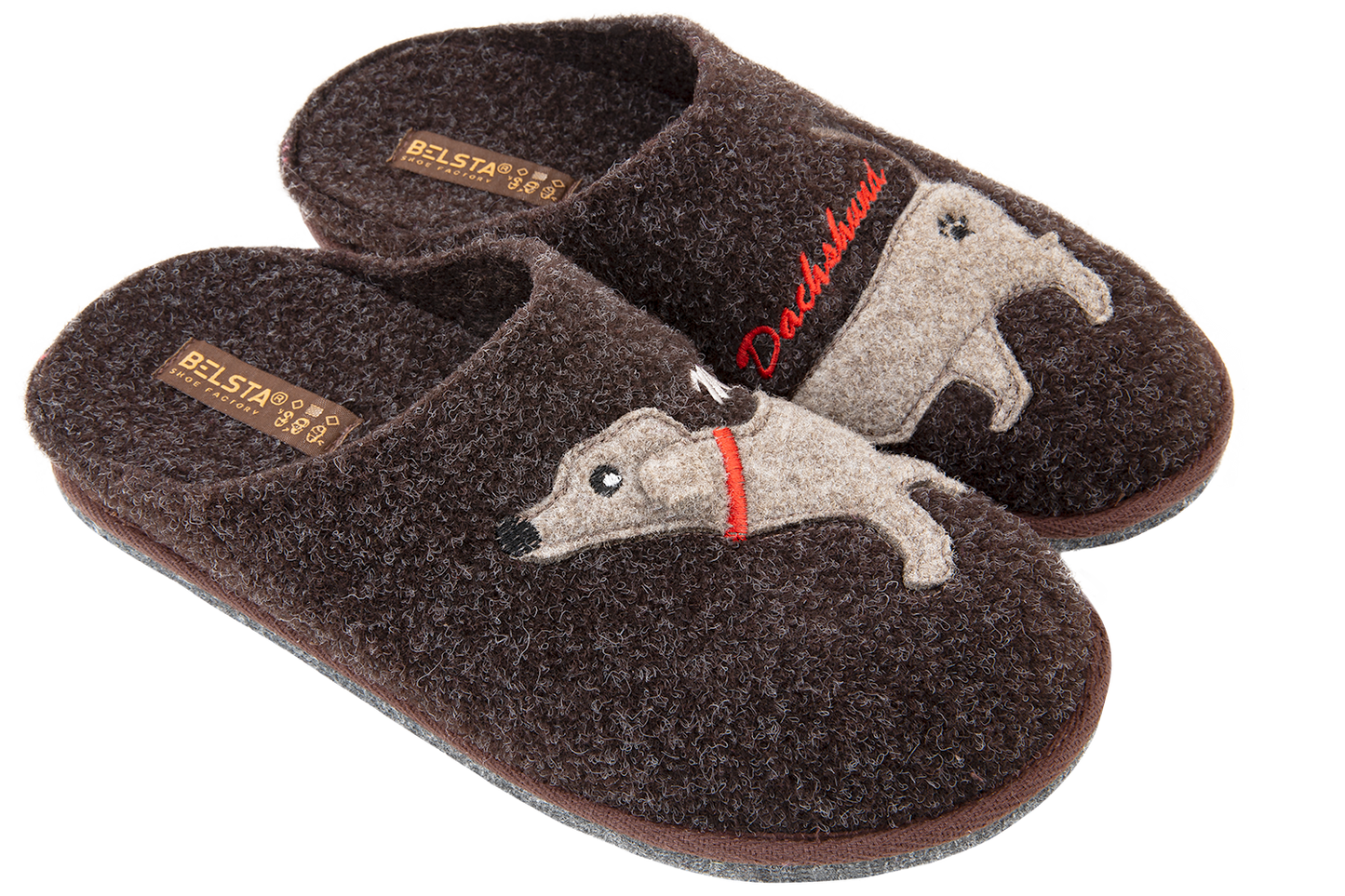 Дамски затворени чехли BELSTA от кафяв италиански филц с бродерия такса\Women's Closed Slippers BELSTA from Brown Italian Felt with Dachshund Embroidery