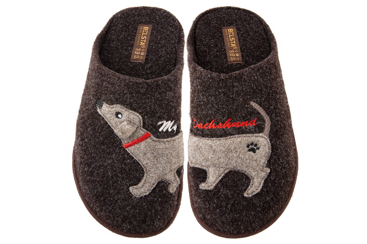 Дамски затворени чехли BELSTA от кафяв италиански филц с бродерия такса\Women's Closed Slippers BELSTA from Brown Italian Felt with Dachshund Embroidery