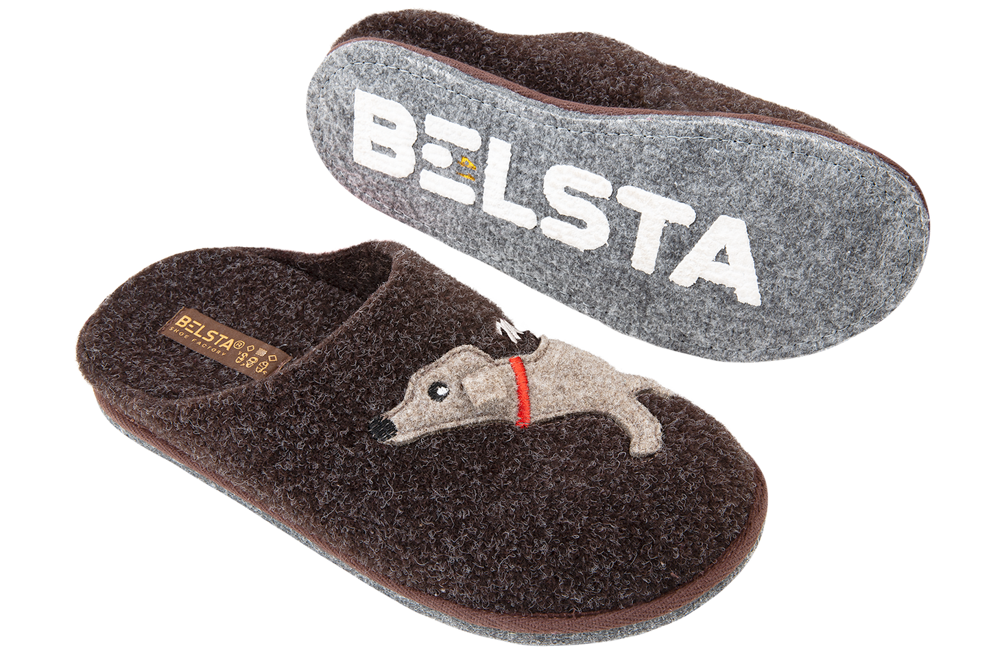 Дамски затворени чехли BELSTA от кафяв италиански филц с бродерия такса\Women's Closed Slippers BELSTA from Brown Italian Felt with Dachshund Embroidery